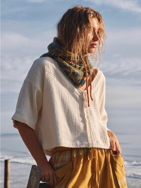 Free People Sundaze Woven Tee - Cream V-Neck Sweater Top